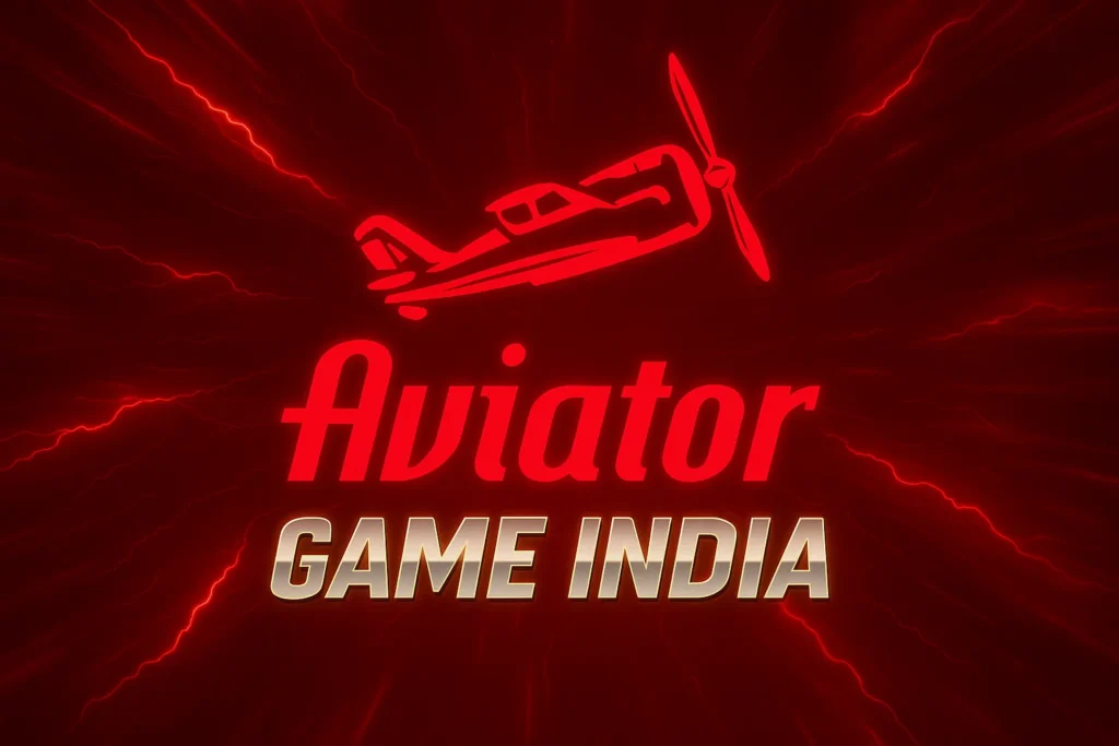 Aviator Game India logo: a red neon airplane silhouette soaring over glowing red lightning rays, with bold red "Aviator" text and metallic "GAME INDIA" title on a dark red background