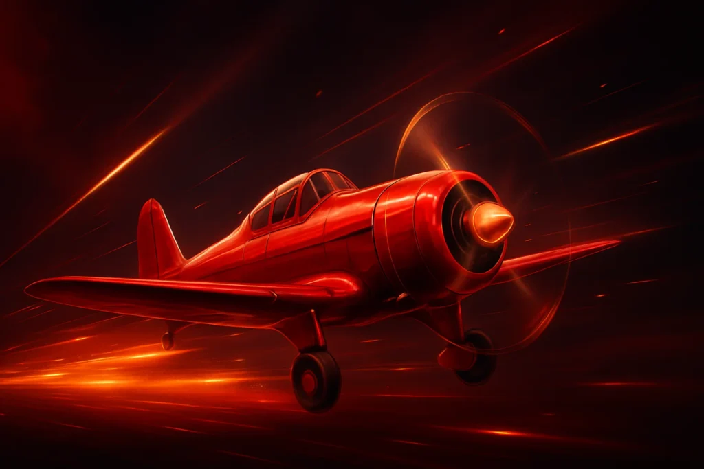 High-speed red Aviator airplane in flight, with glowing propeller, fiery motion trails, and dramatic red-orange lighting against a dark runway background.